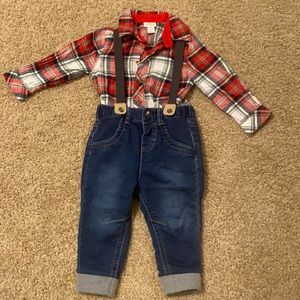 NWOT Cat and Jack flannel and jeans with suspenders size 12 months